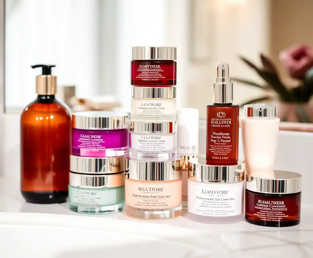 Stacked luxury skincare bottles on a clean vanity surface