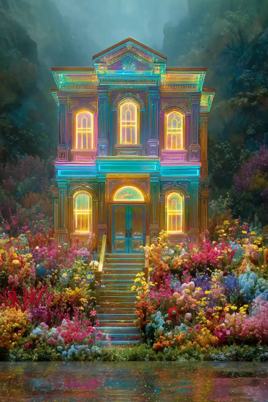 Iridescent Piano Shaped House With Neon Border Lights