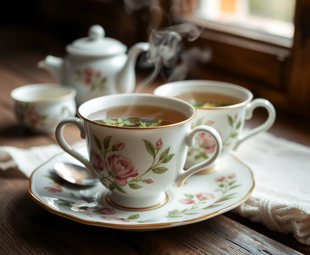 Steaming herbal tea in floral teacups on rustic wooden table