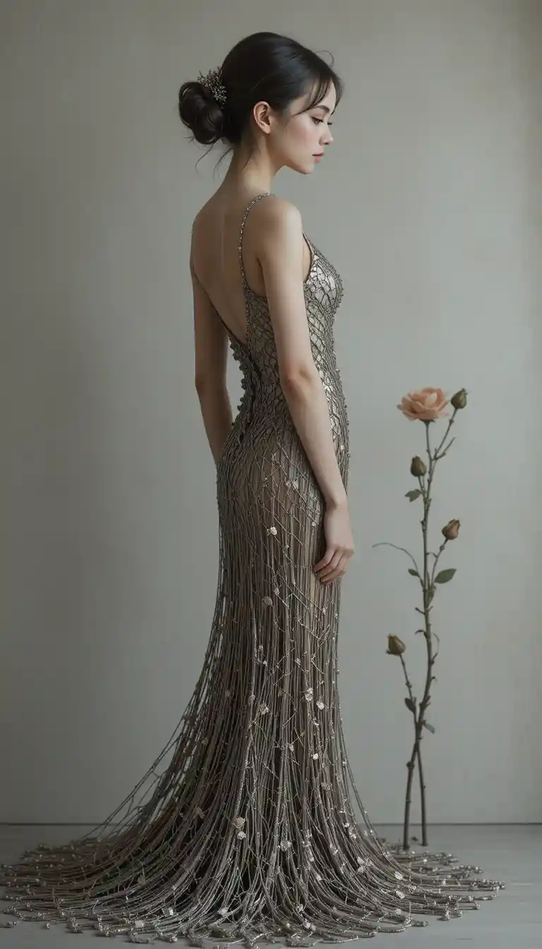 Slender girl beside a tall rose stem in profile