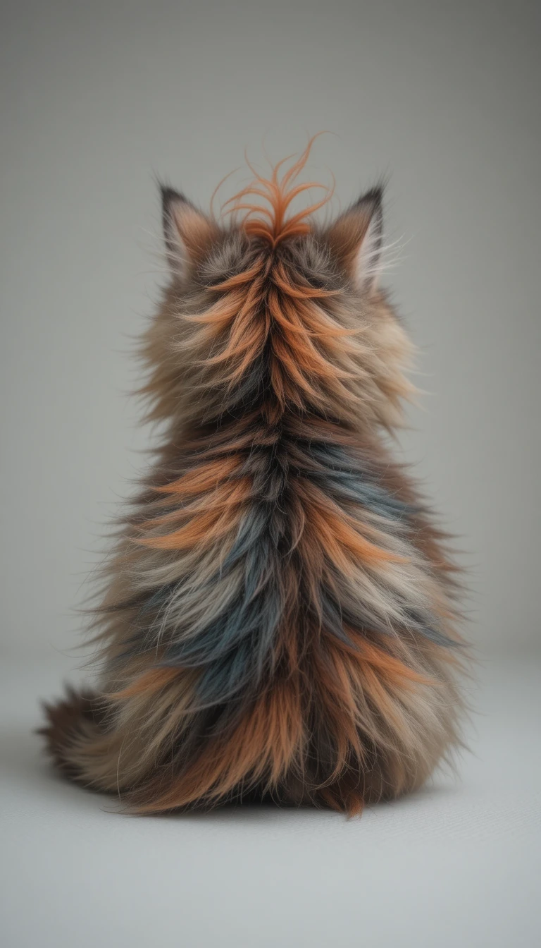 Gatito esponjoso y colorido con un mechón en forma de corazón en la espalda