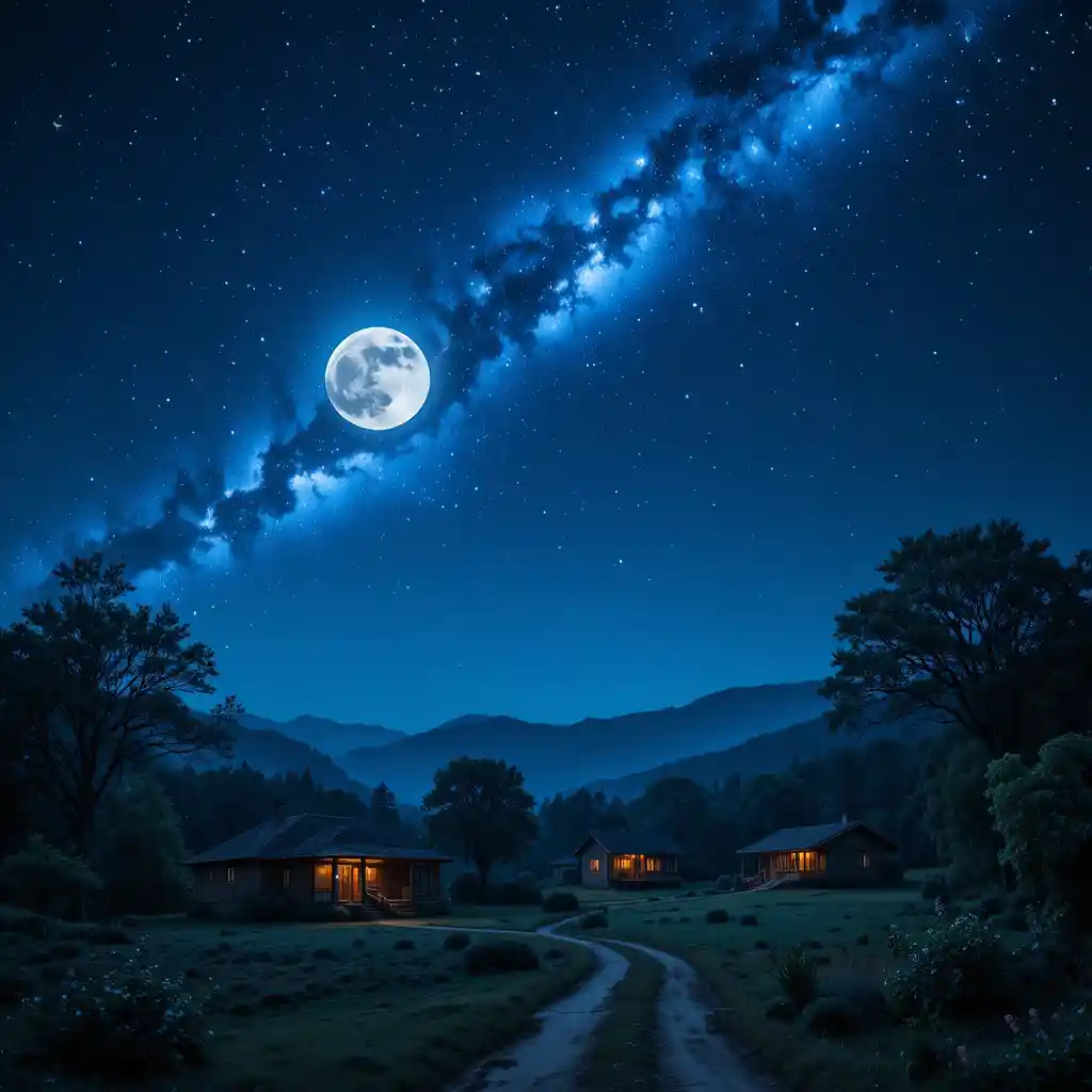 Villaggio medievale fantasy sotto un cielo notturno blu intenso