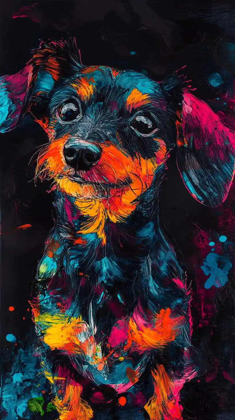 Surreal abstract portrait of a colorful mixed breed dog