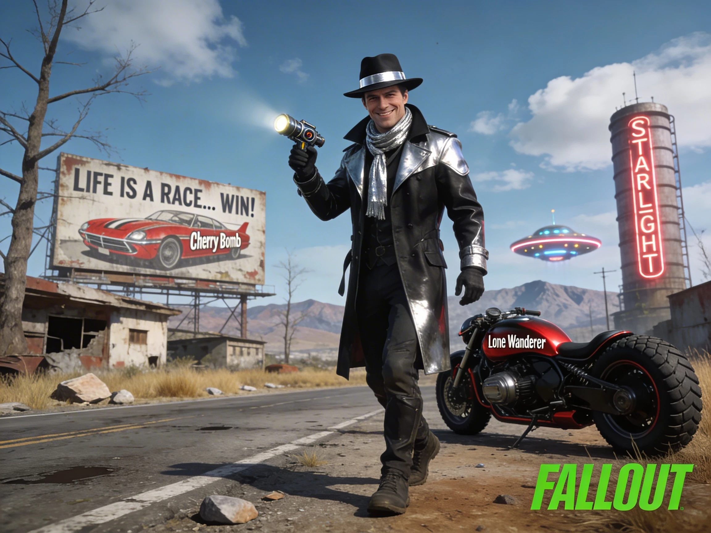 Detective sci‑fi con motocicletta in una landa devastata