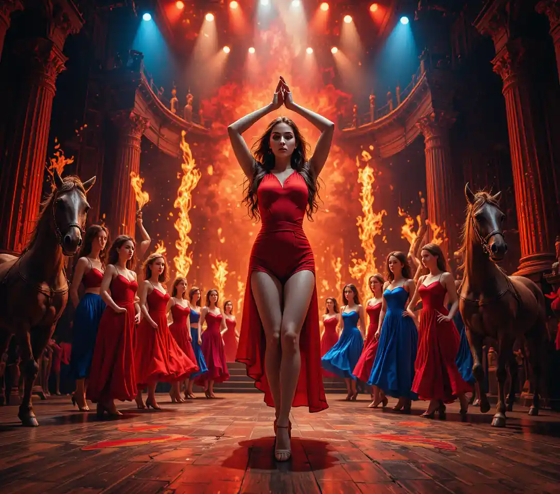 Woman dancing on fiery stage with blazing horses