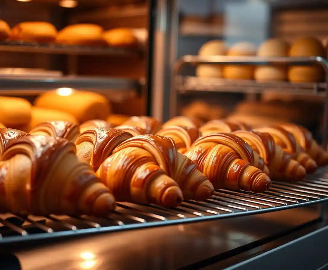 Freshly baked croissants lined up on a cooling rack