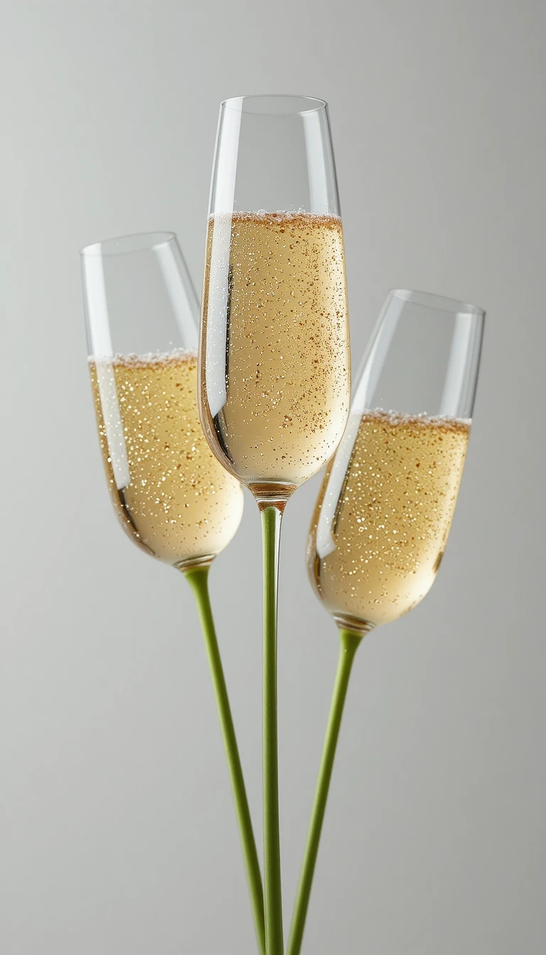 Tre flute di champagne inclinati su uno sfondo bianco brillante