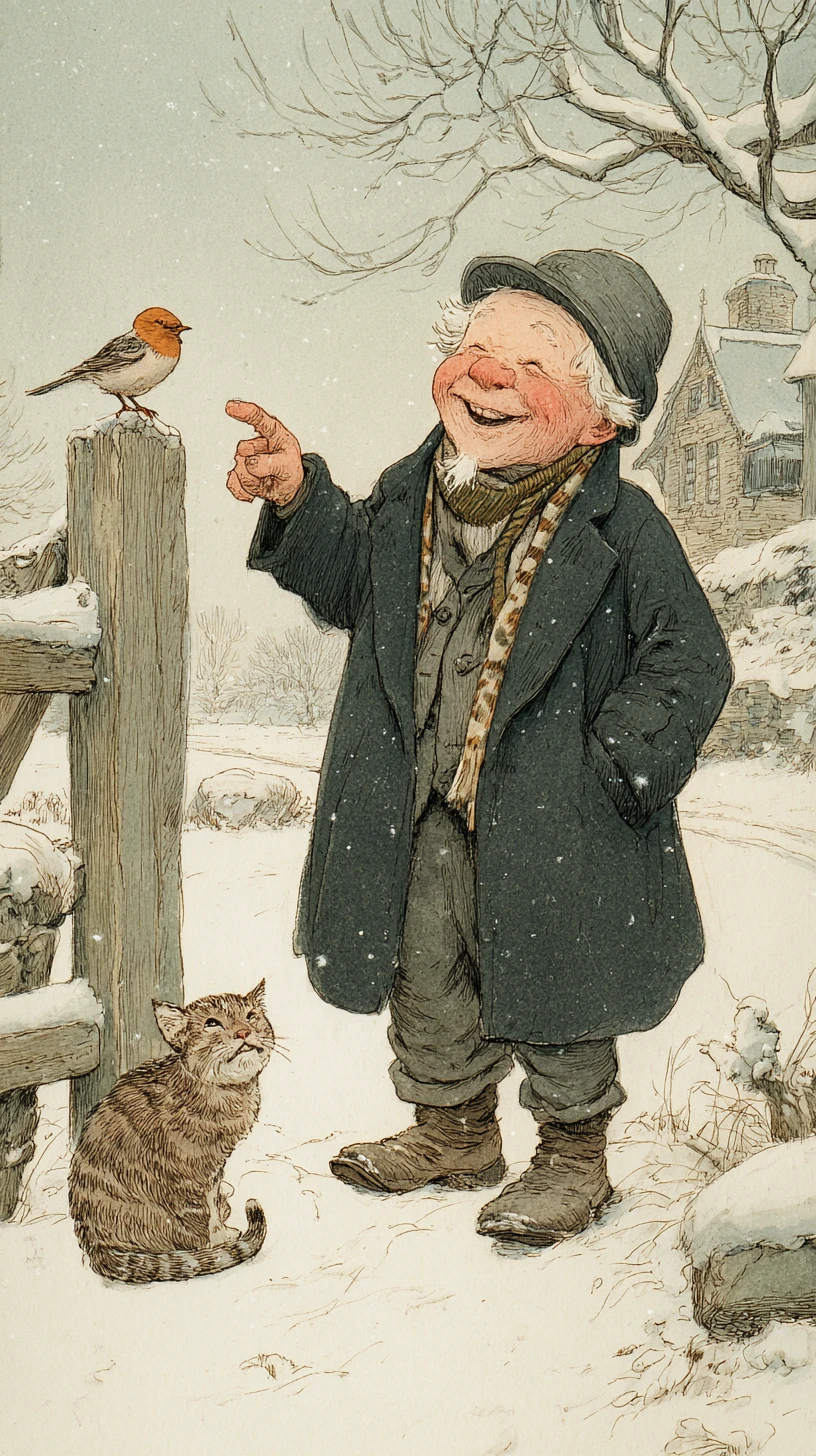 Hombre Mayor Alegre con Pájaro en Paisaje Invernal Nevado