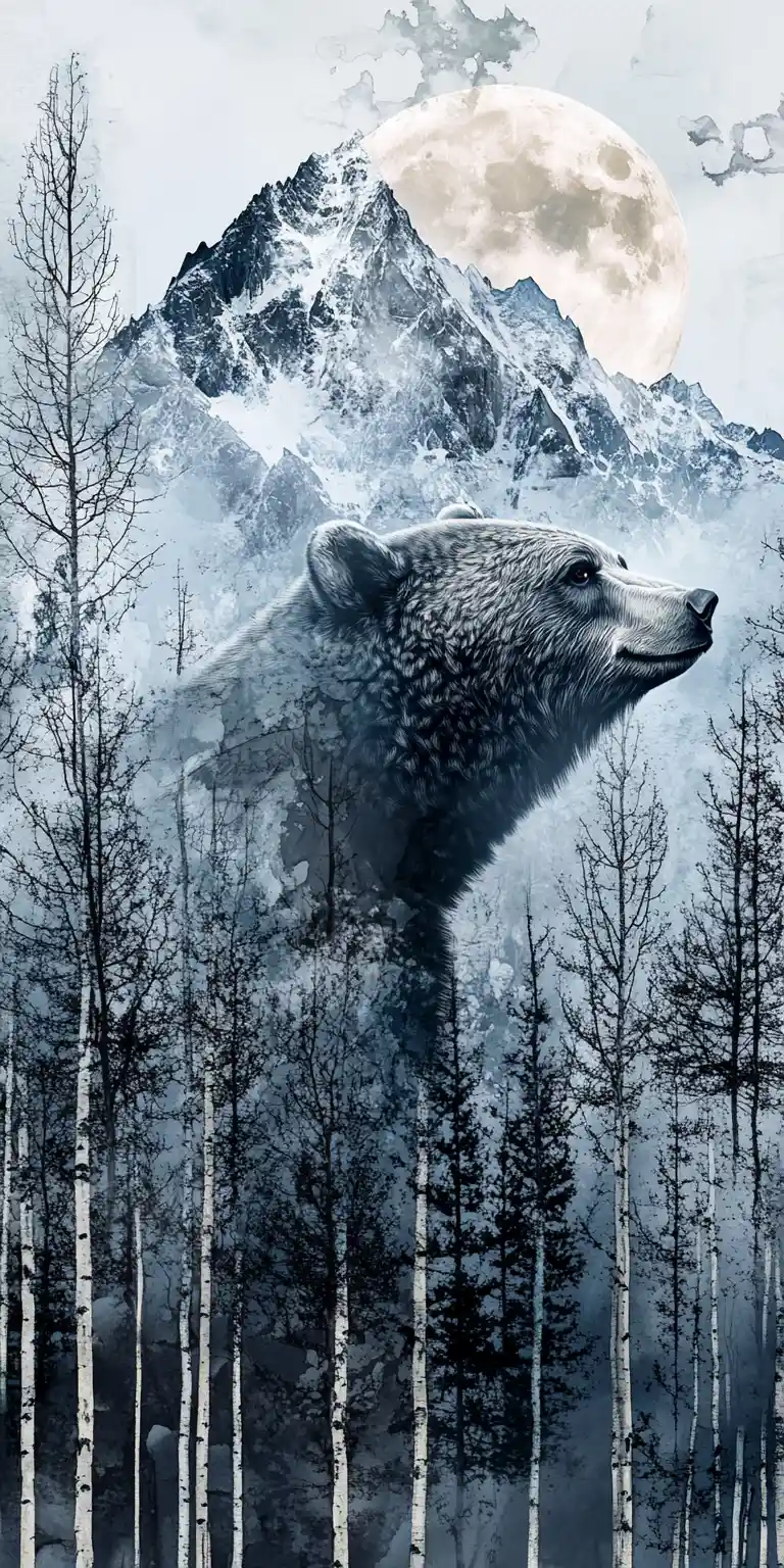 Surreal Bear In Moonlit Winter Forest With Mountains