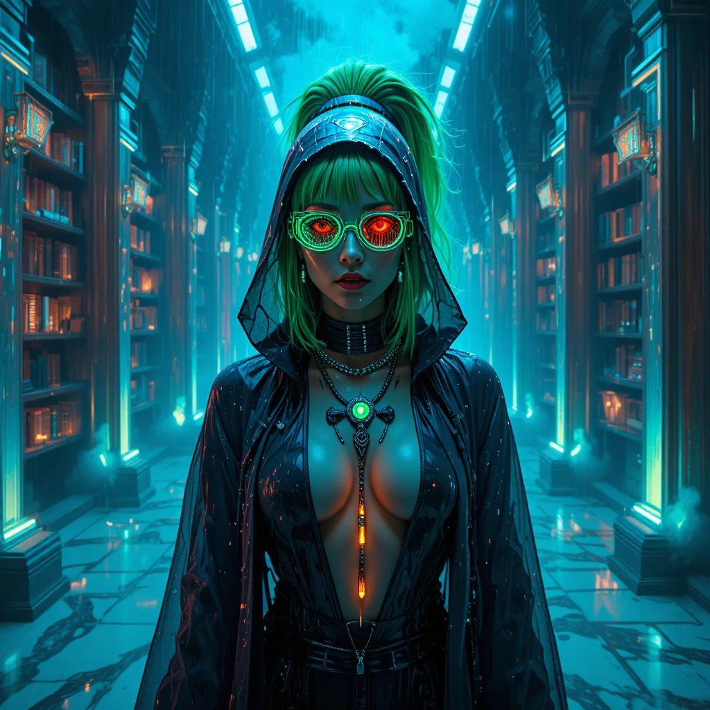 Cyberpunk oracle portrait in a submerged neon library