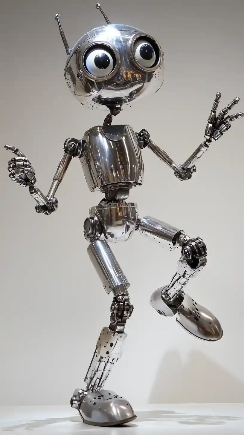 Fröhlicher silberner Cartoon-Roboter tanzt auf weißem Hintergrund