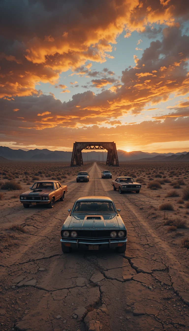 Abandoned cars along a cracked desert highway at sunset
