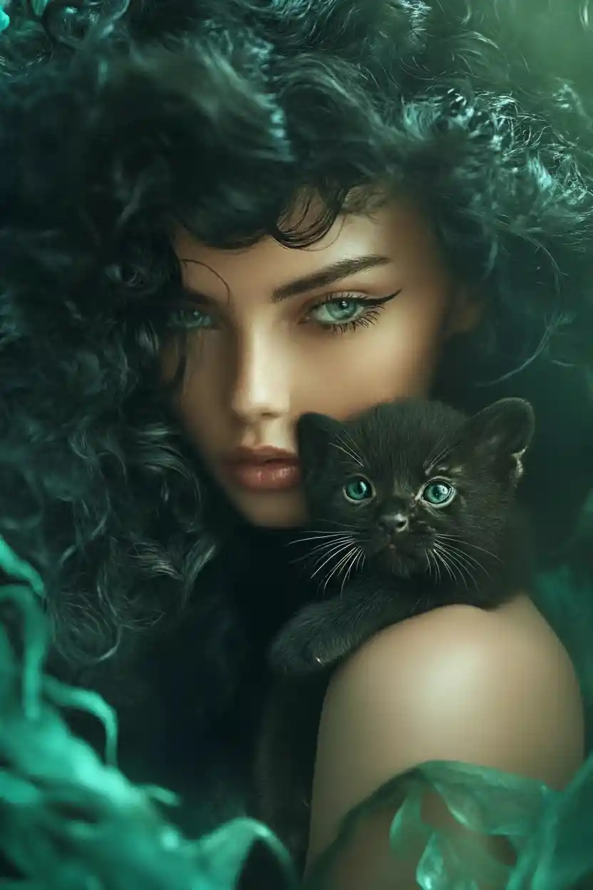 Realistic cat resting calmly on a woman shoulder