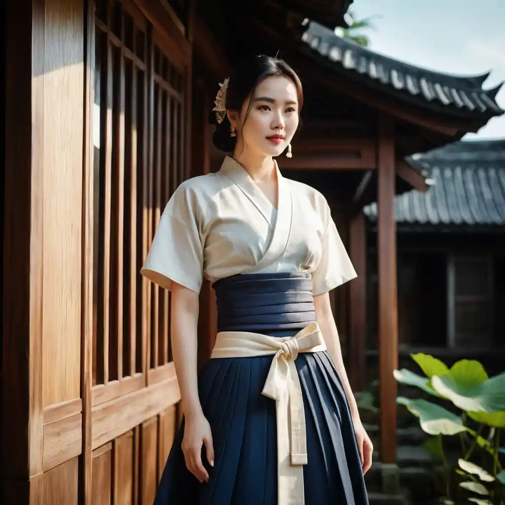 傳統房屋中穿著多層次服裝的越南女子