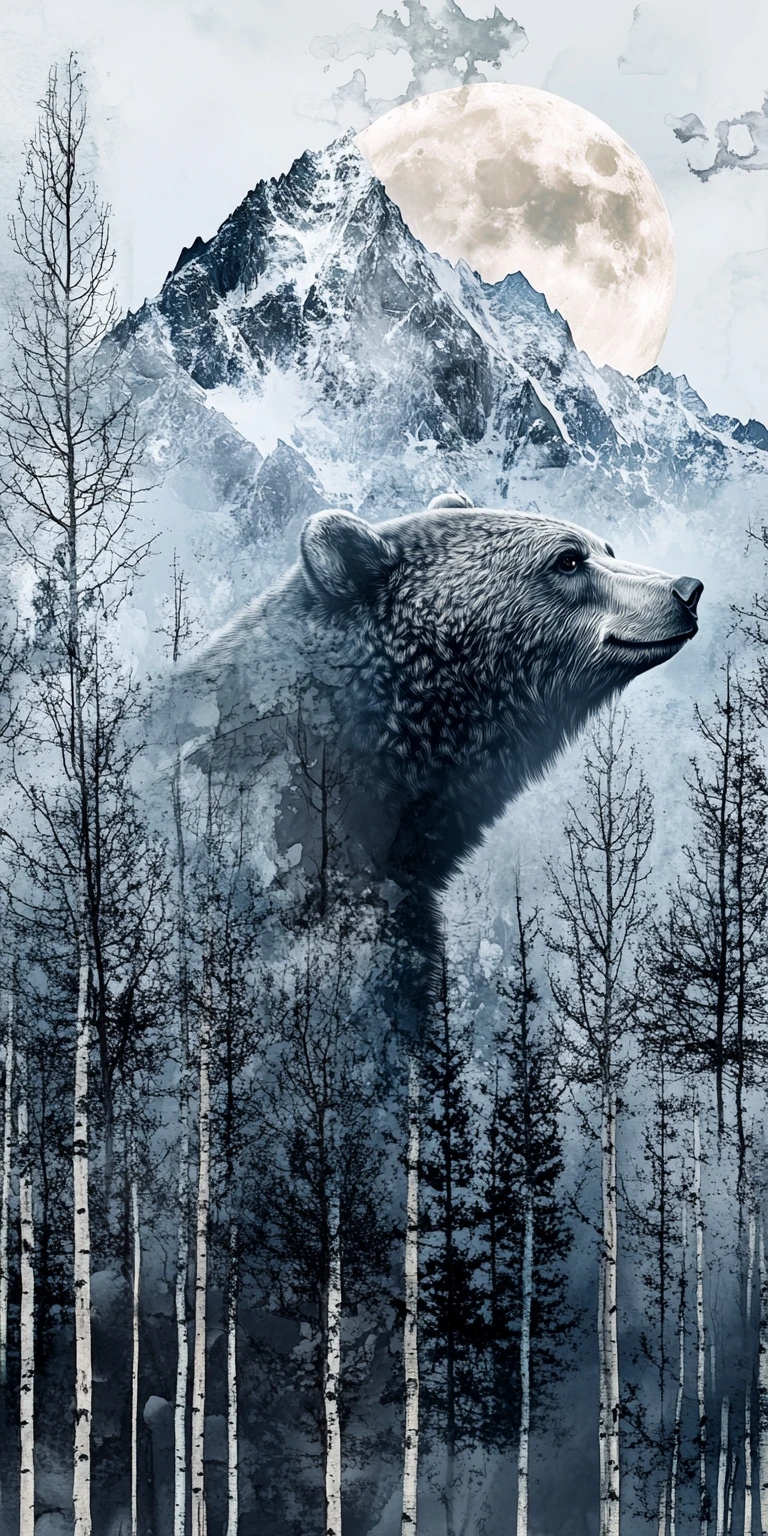 Orso surreale in una foresta invernale al chiaro di luna con montagne