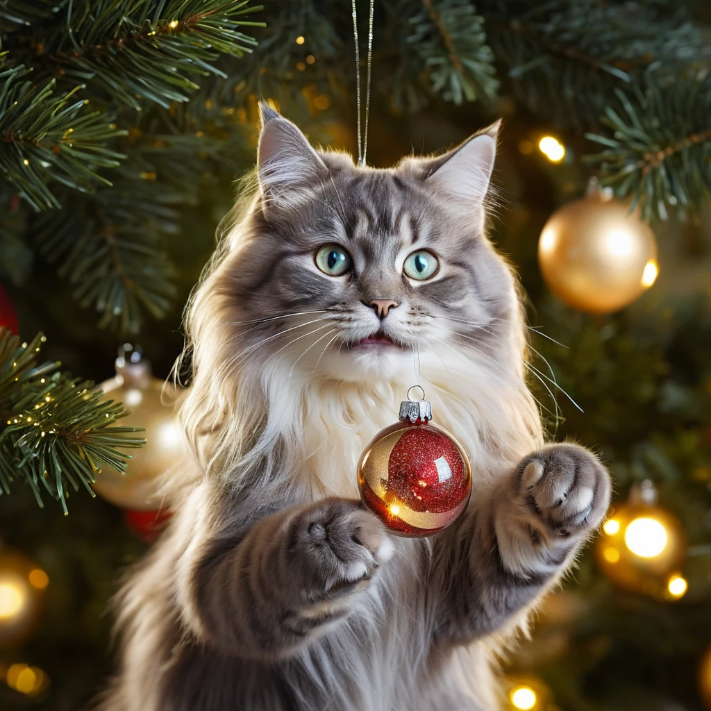 Gato de Pelo Longo Brincalhão com Enfeite de Natal Brilhante