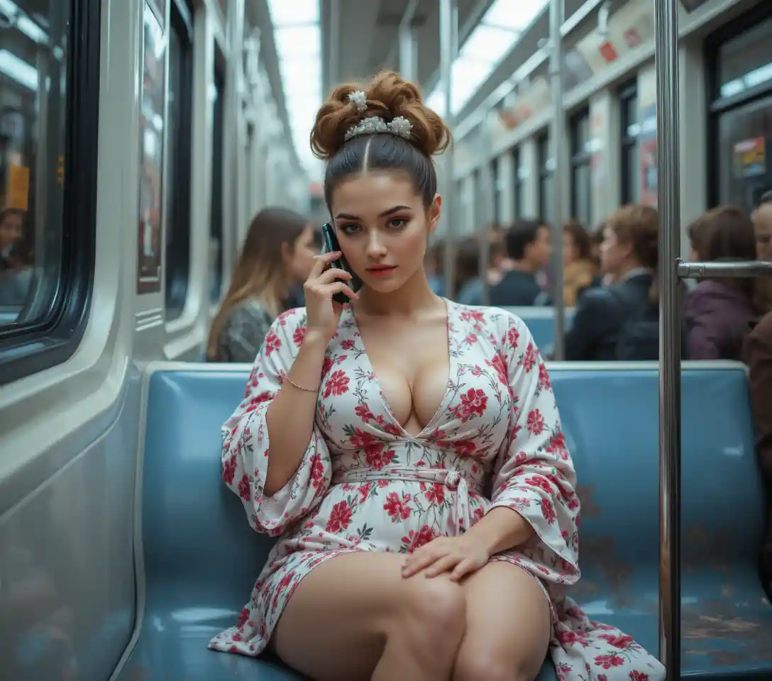 穿著花卉洋裝的時髦年輕女子在地鐵上