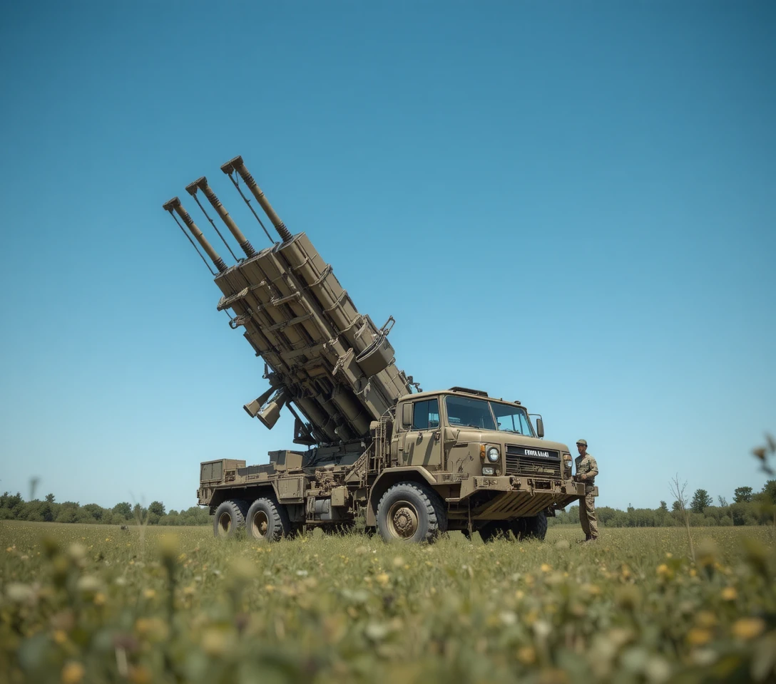 Military rocket launcher truck in green rural landscape