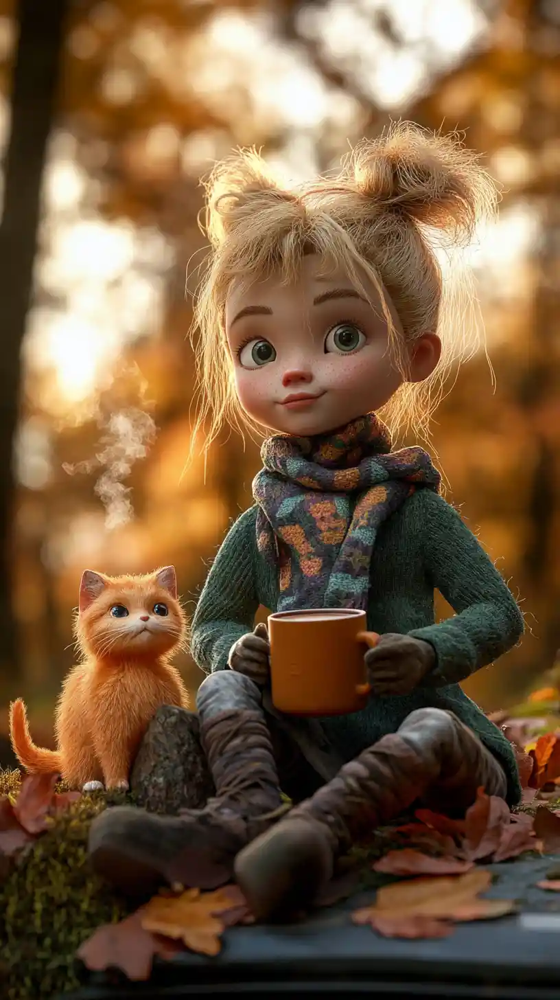 Cute doll and kitten on an autumn leaf covered car