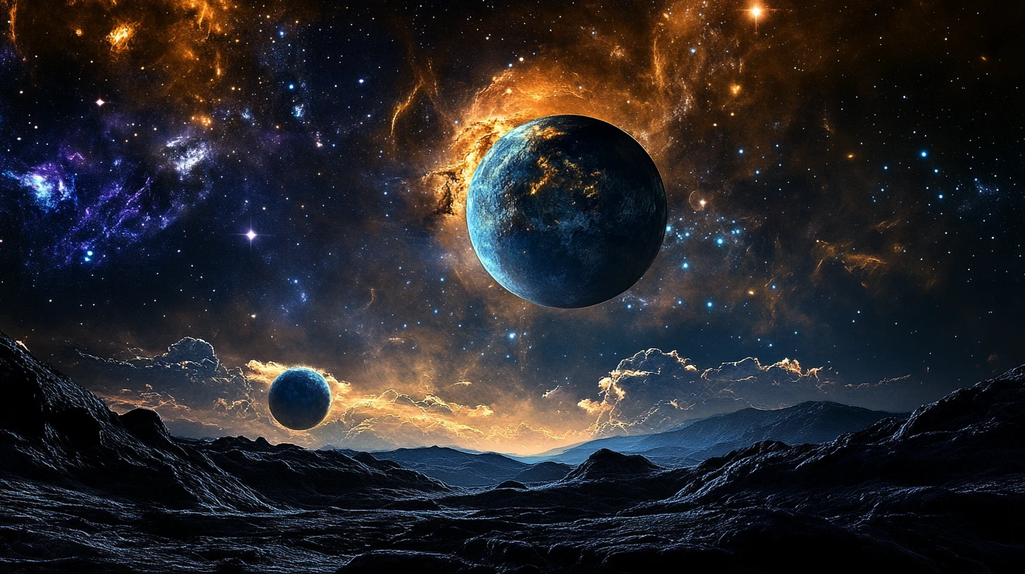 Planetas y estrellas vibrantes en una galaxia fantástica y luminosa