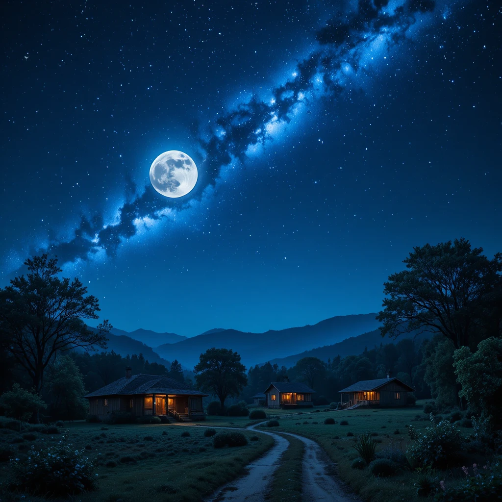 Aldea medieval de fantasía bajo un cielo nocturno azul brillante