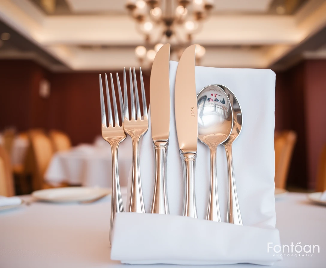 Cubiertos de plata cuidadosamente ordenados sobre una servilleta blanca