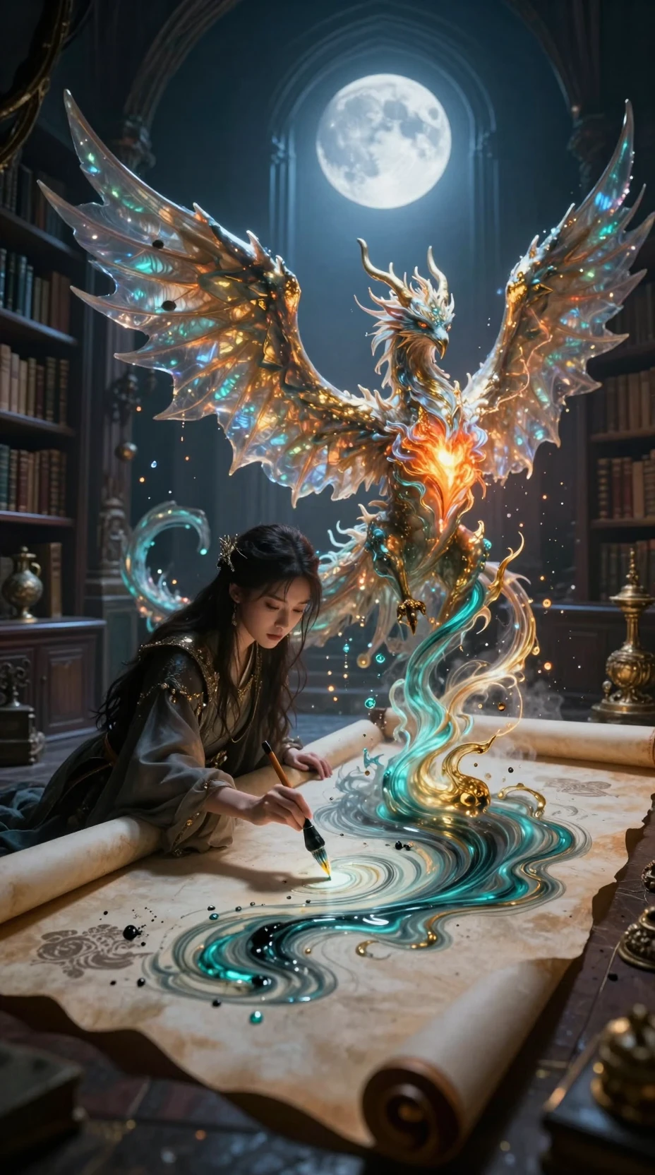 Joven hechicera pintando un dragón fénix en una biblioteca iluminada por la luna