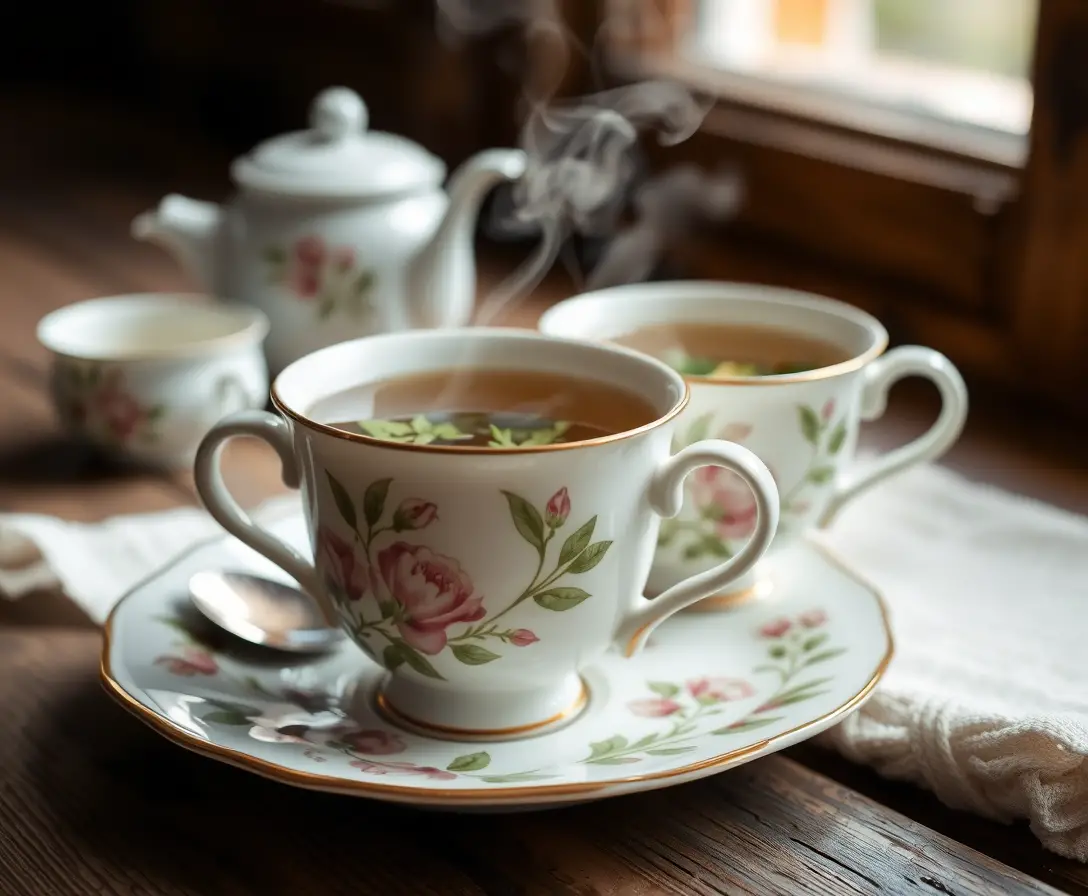 Dampfender Kräutertee in geblümten Teetassen auf rustikalem Holztisch