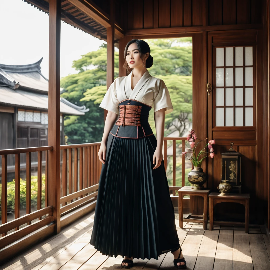 목조 집 안의 스팀펑크 유카타를 입은 베트남 여성