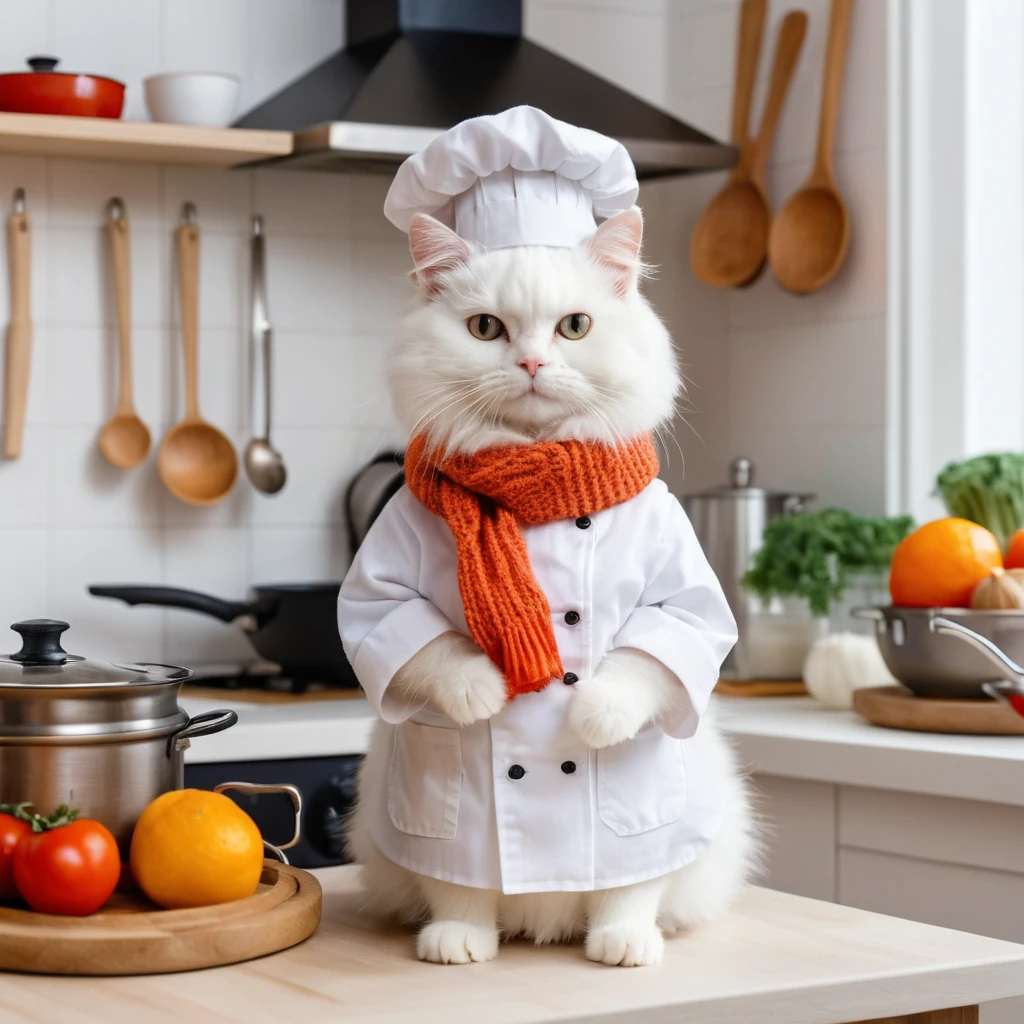 Fluffy white cat chef in a cozy winter kitchen