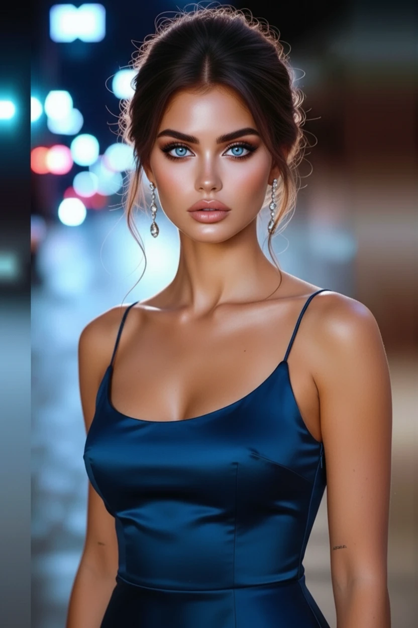 Elegant woman by a city street corner in cashmere dress