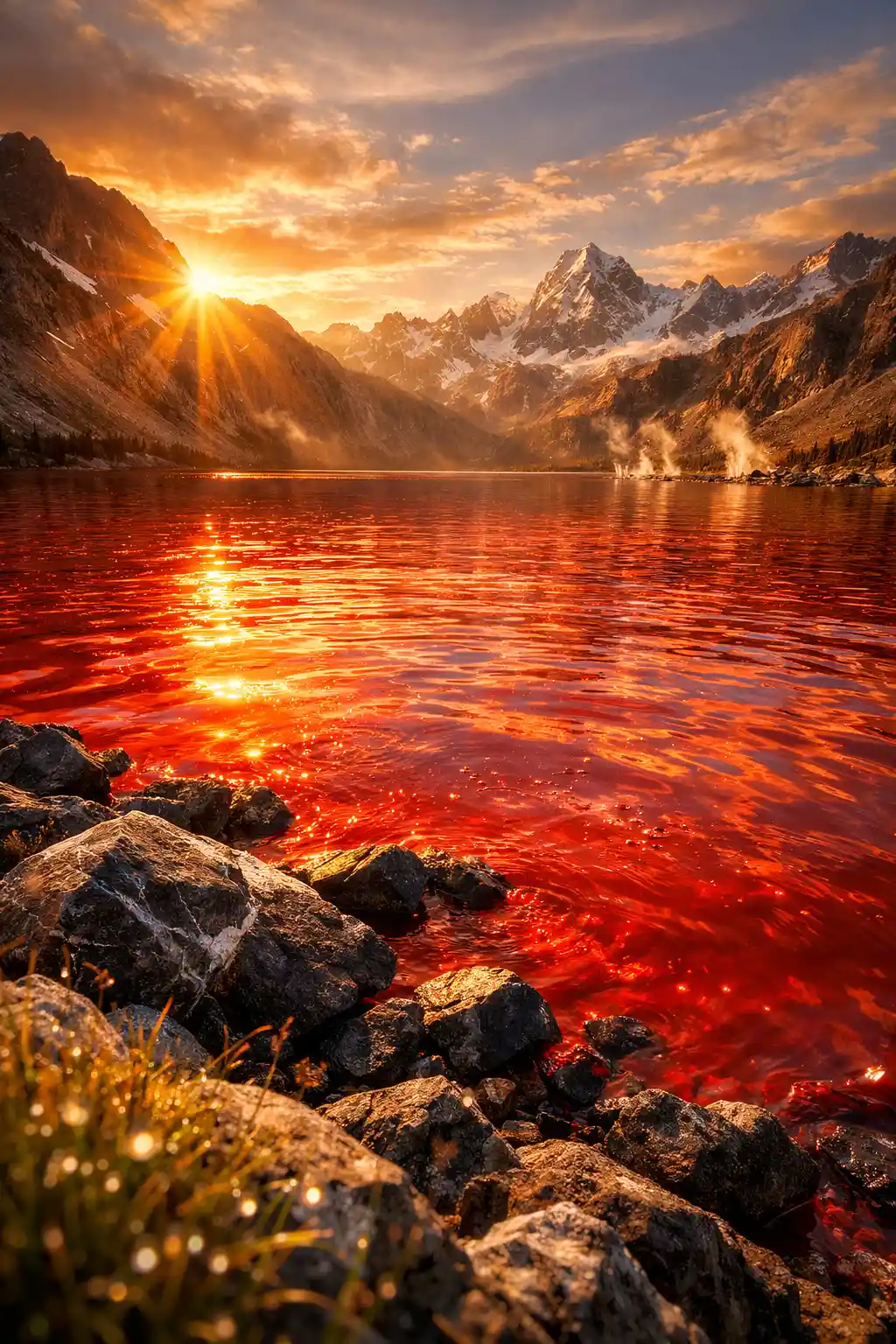 Lago alpino cremisi che brilla sotto un drammatico tramonto di montagna