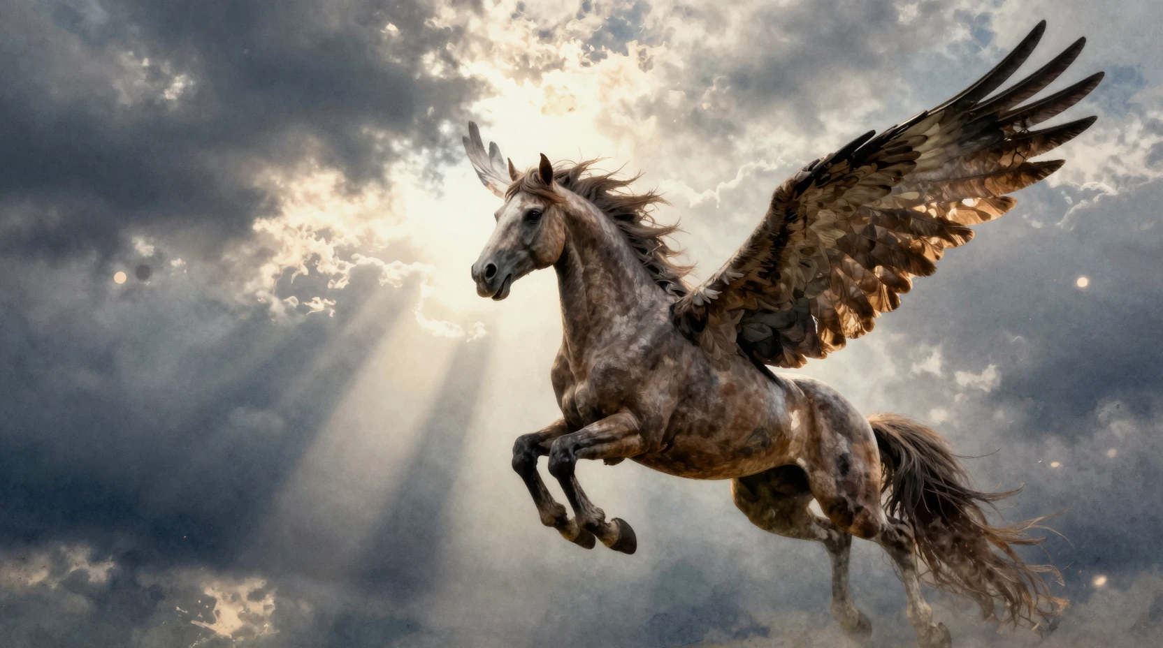 Mythical hippogriff flying through dark dramatic sky