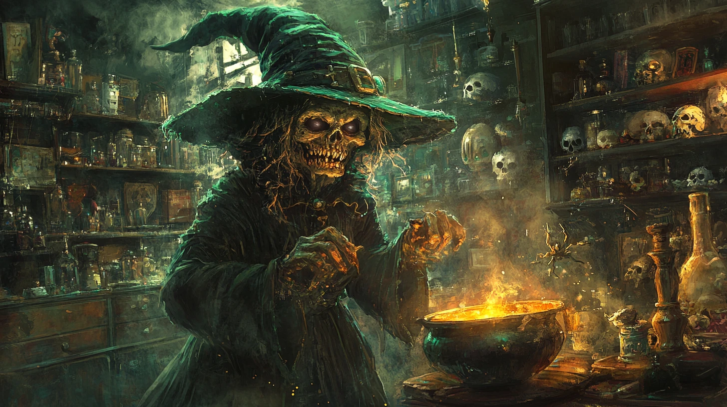 Bruja carcajeando que remueve un caldero hirviente de magia oscura