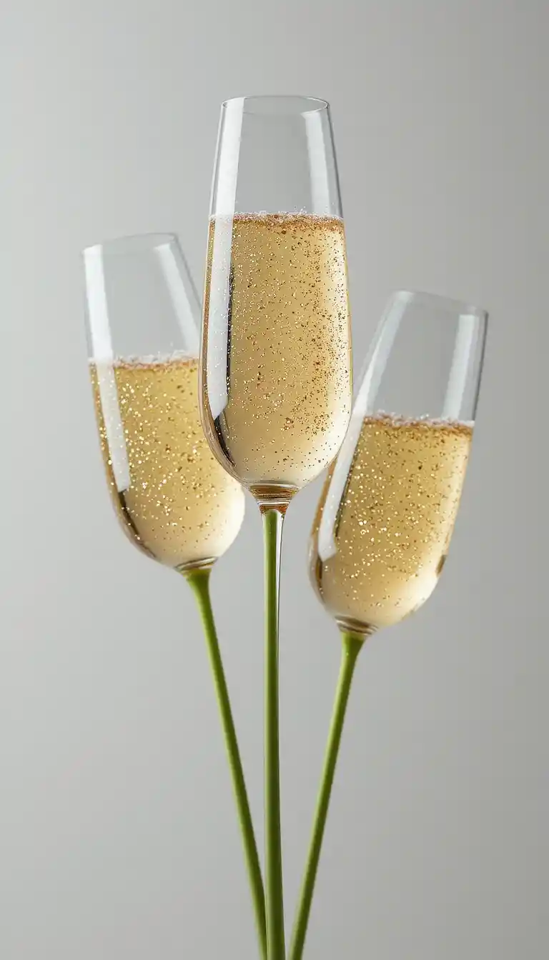 Tre flute di champagne inclinati su uno sfondo bianco brillante
