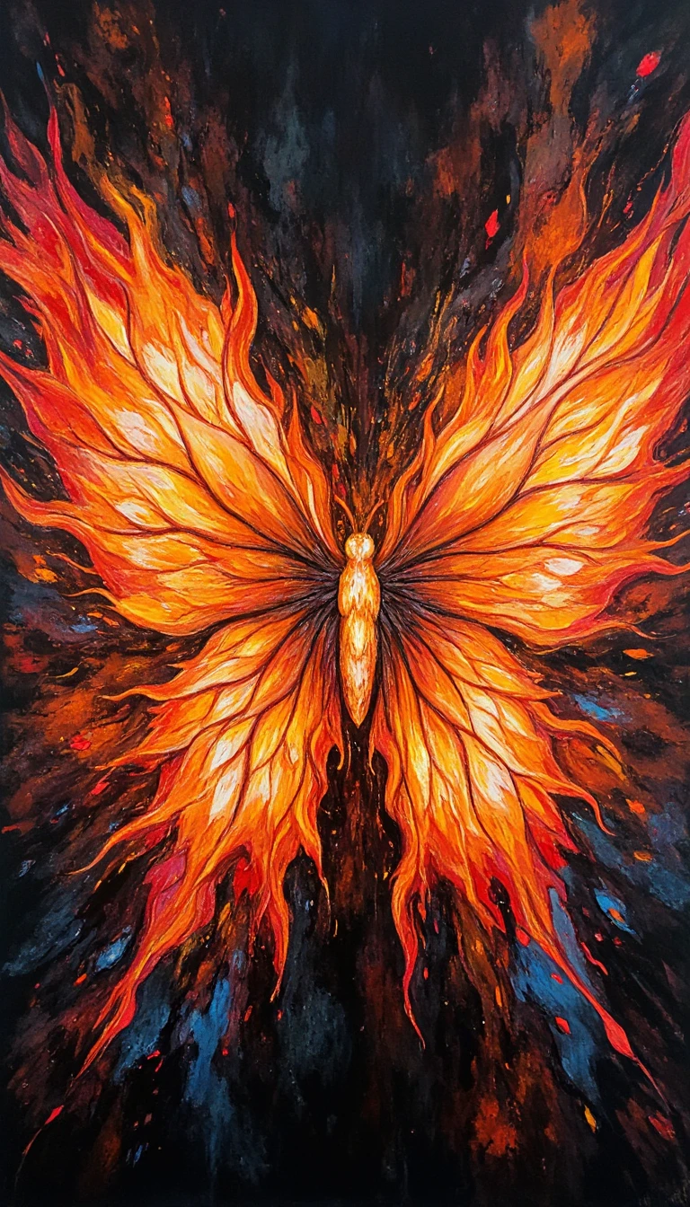 Feuriger abstrakter Schmetterling mit drachenschuppenartigen Flügeln