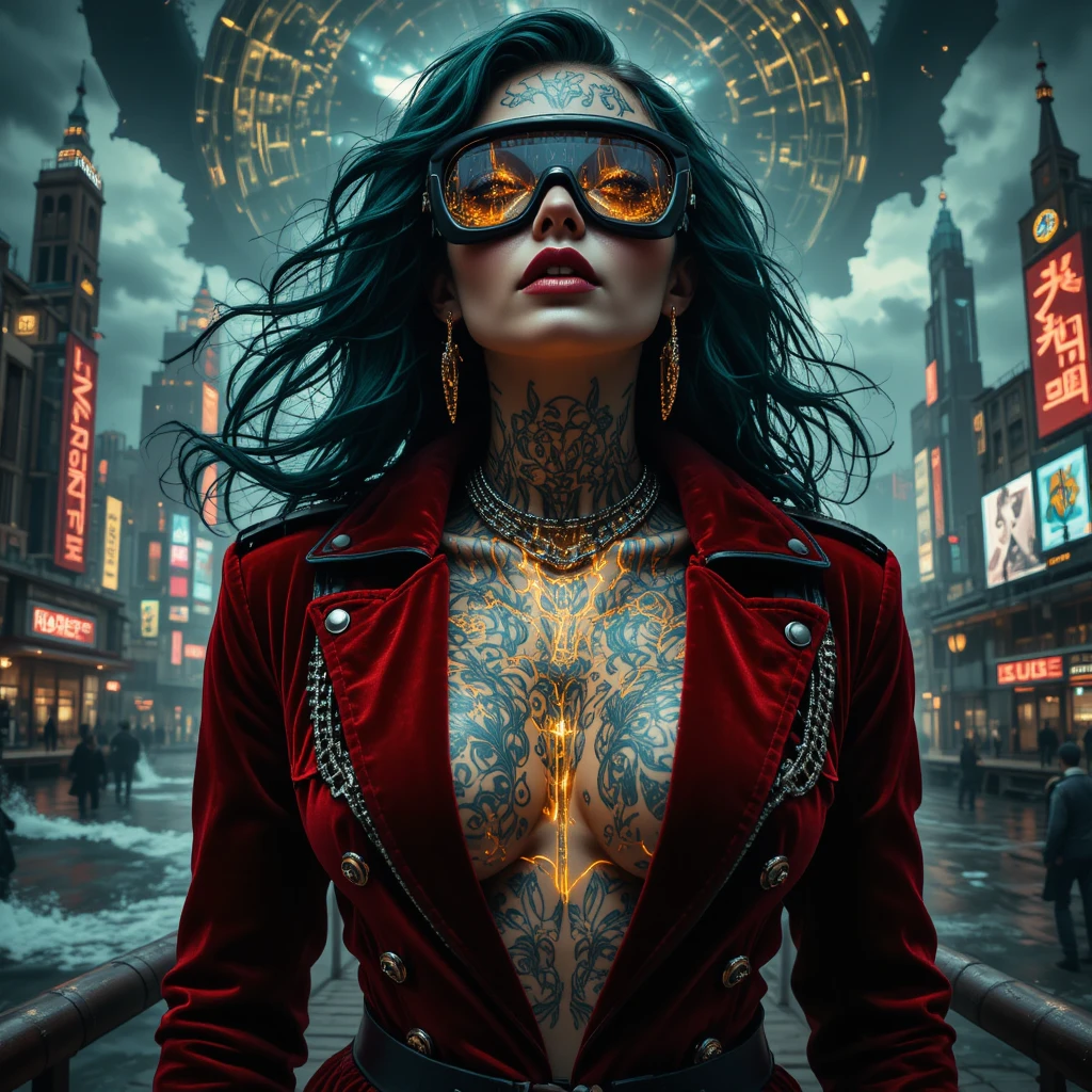 Retrato cyberpunk surreal de una poderosa mujer de cabello oscuro