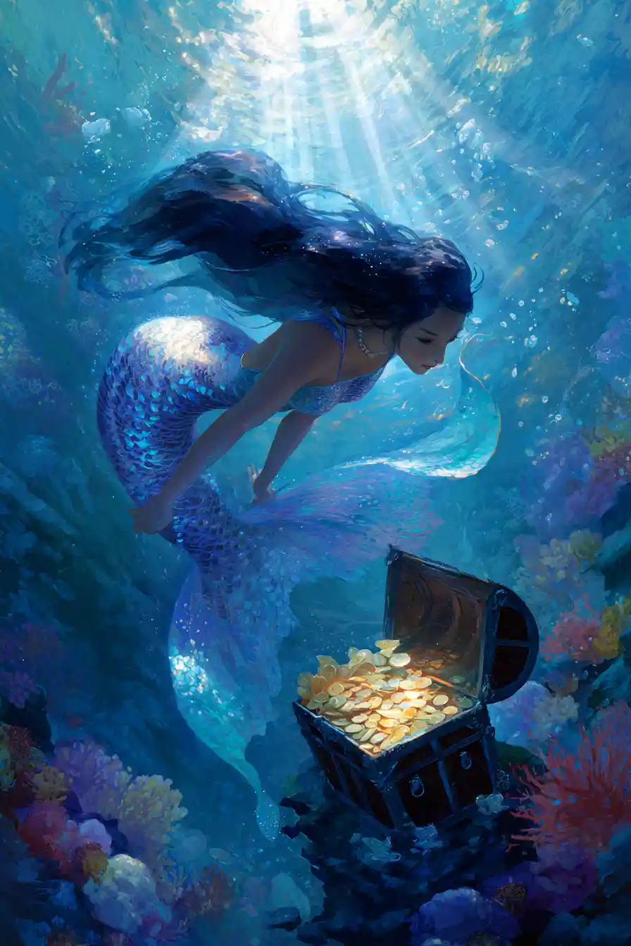 Sereia violeta nadando em direção a um baú de tesouro aberto