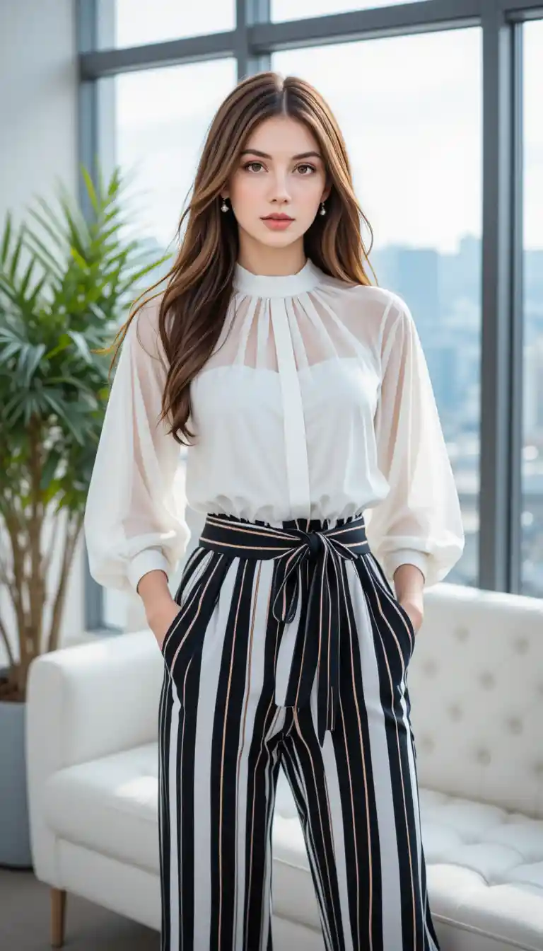 Giovane donna con pantaloni a righe in un interno moderno e luminoso