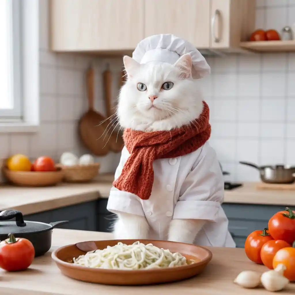 Fluffy White Cat Chef In A Cozy Winter Kitchen