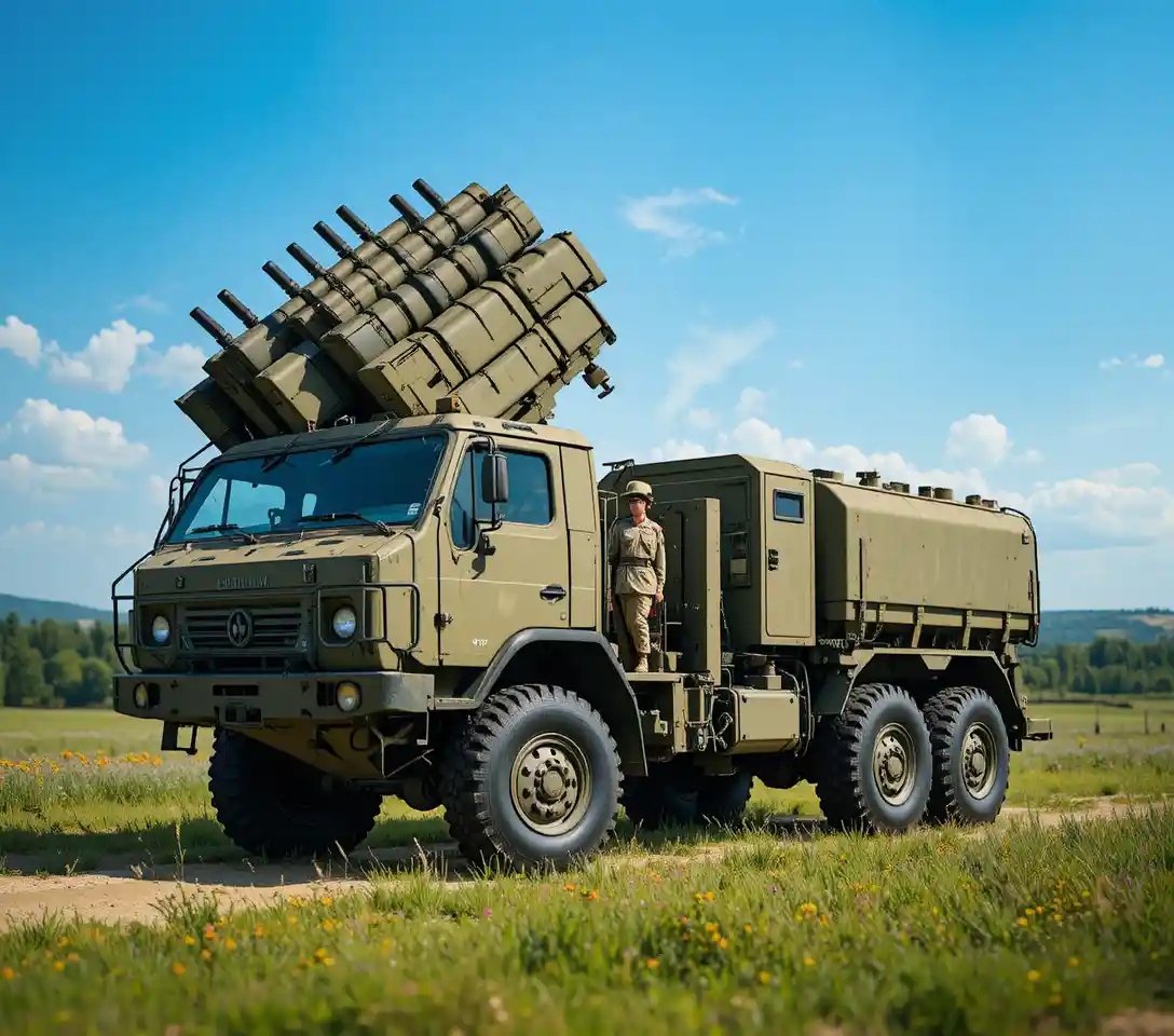Military rocket launcher truck in a green landscape