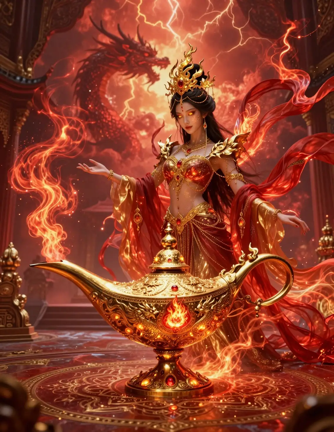 Imperialer Feuer-Dschinn, der aus einer kolossalen goldenen Lampe aufsteigt