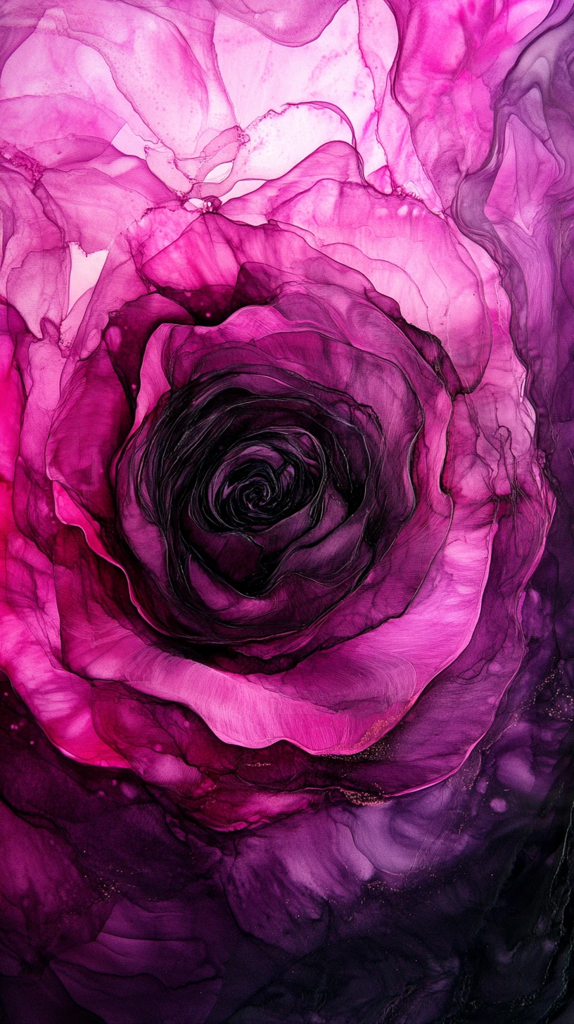 Abstrakte Rosenillusion in dramatischer schwarzer Tinte und Farbe