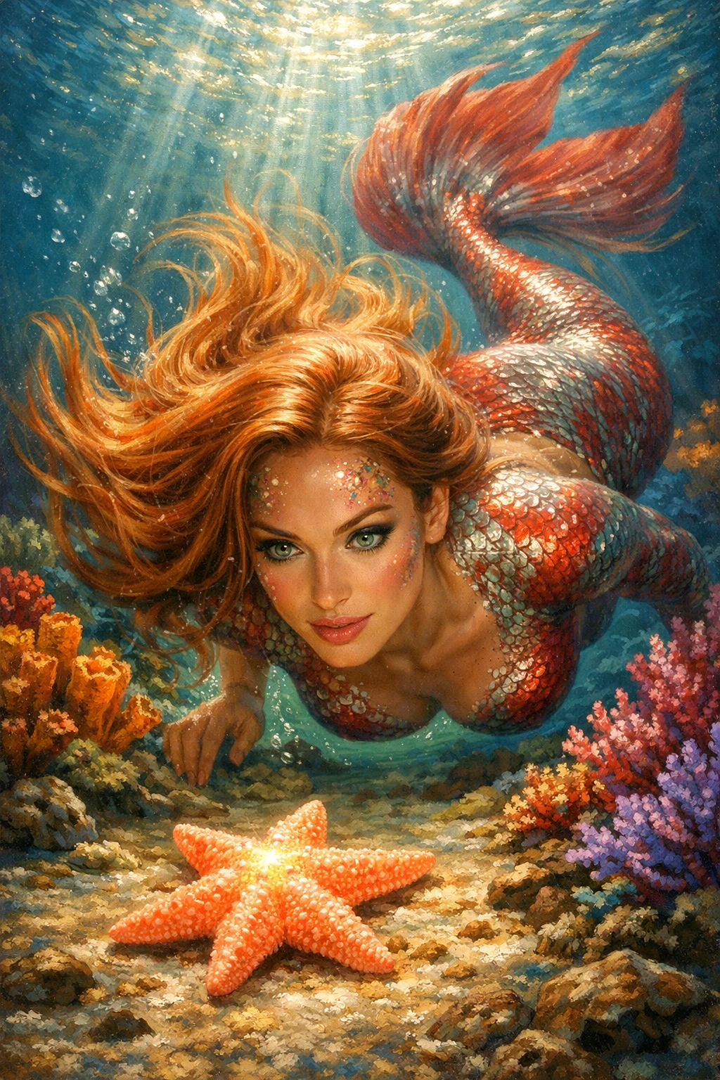 Sirena nadando hacia una estrella de mar luminosa en el fondo del océano