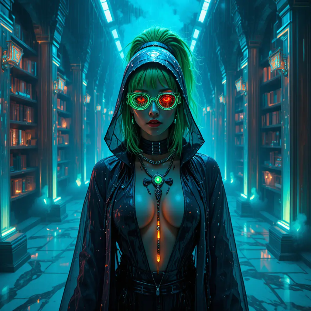 Cyberpunk oracle portrait in a submerged neon library