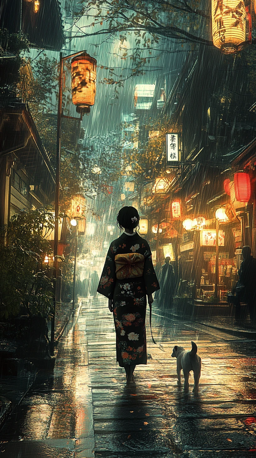 和服女子在雨中的燈籠街牽狗散步