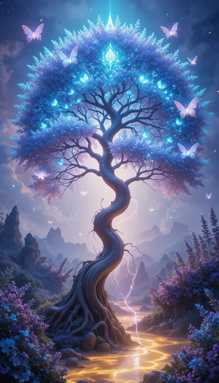 Manga Tree Of Light With Glowing Branches And Butterflies