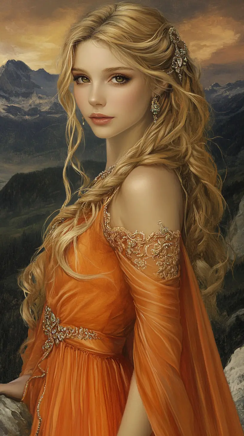 Smiling blonde woman in orange chiffon dress at night