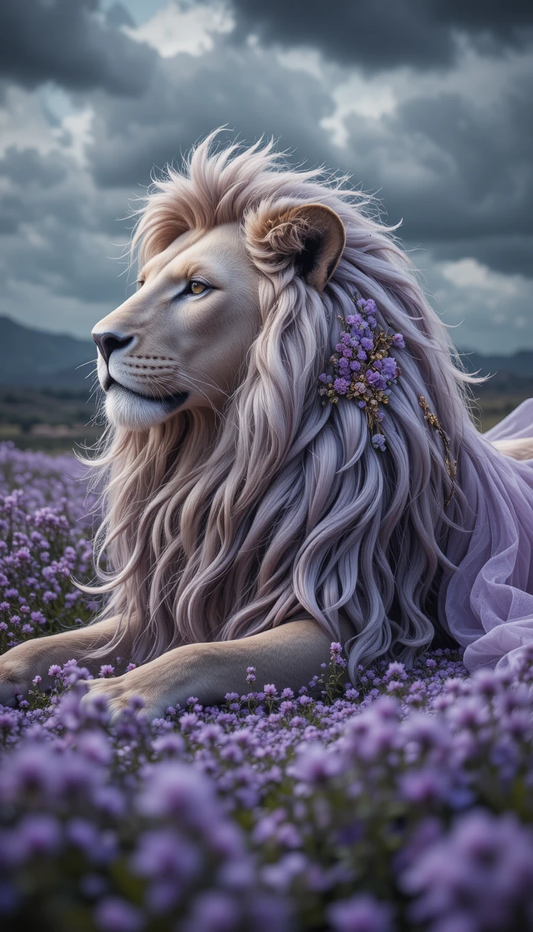 León majestuoso descansando en un campo de flores silvestres moradas