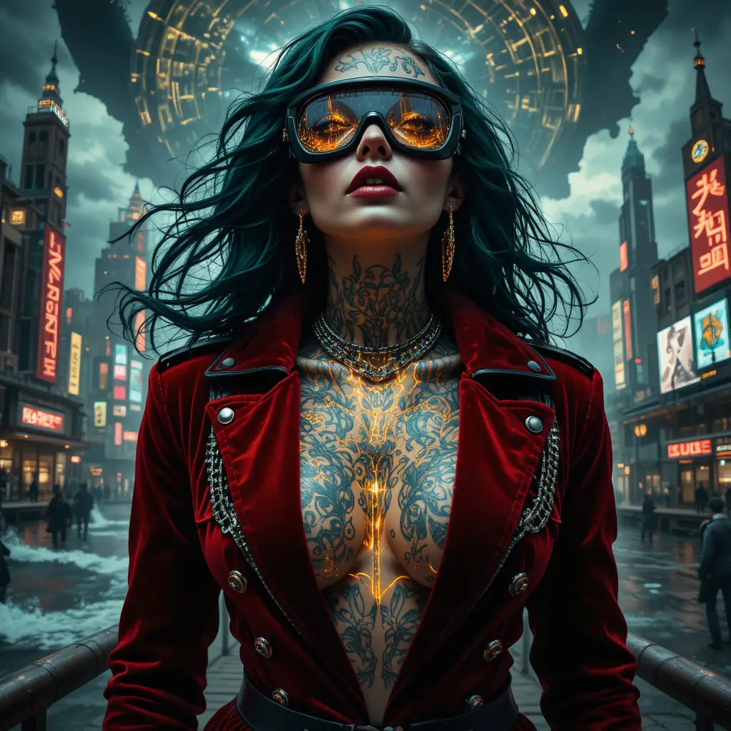 Surreal cyberpunk portrait of a powerful dark haired woman